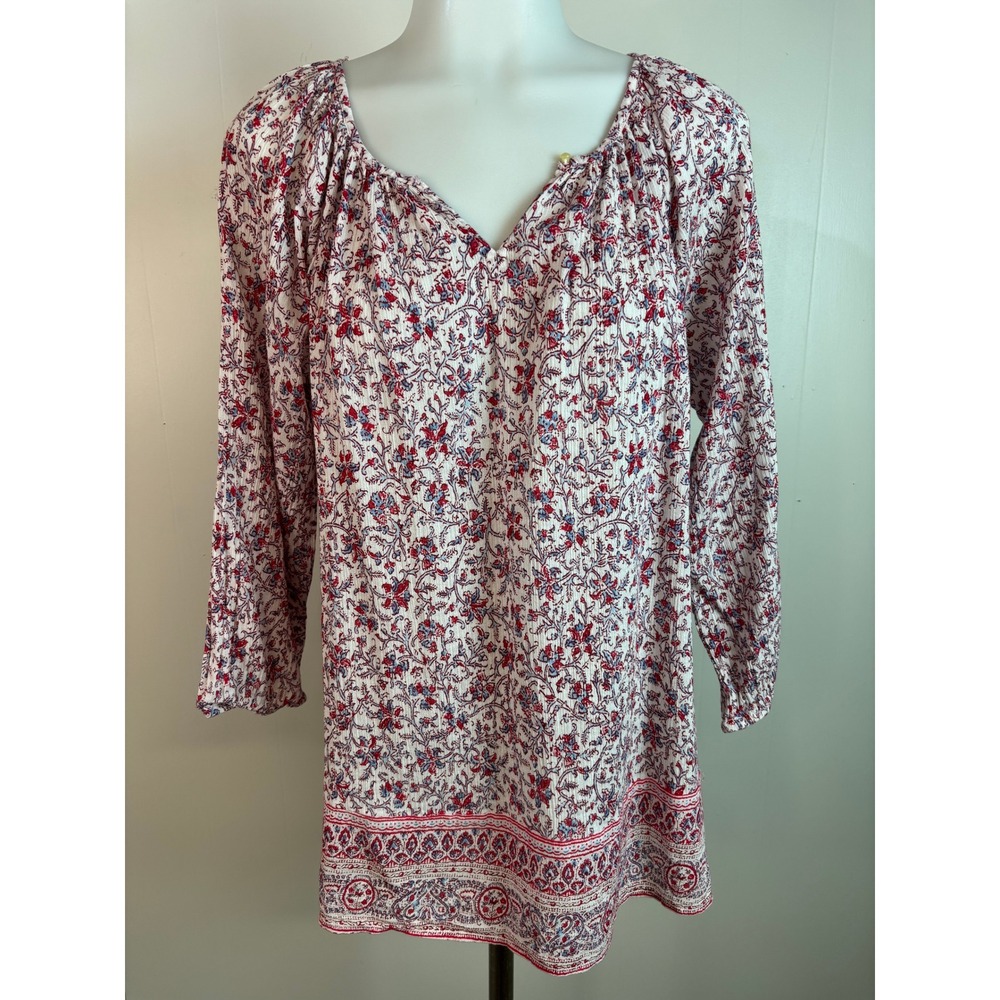 Chaps Blouse Medium Red Floral Paisley V-Neck 3/4 Sleeve Cotton Gauze Women